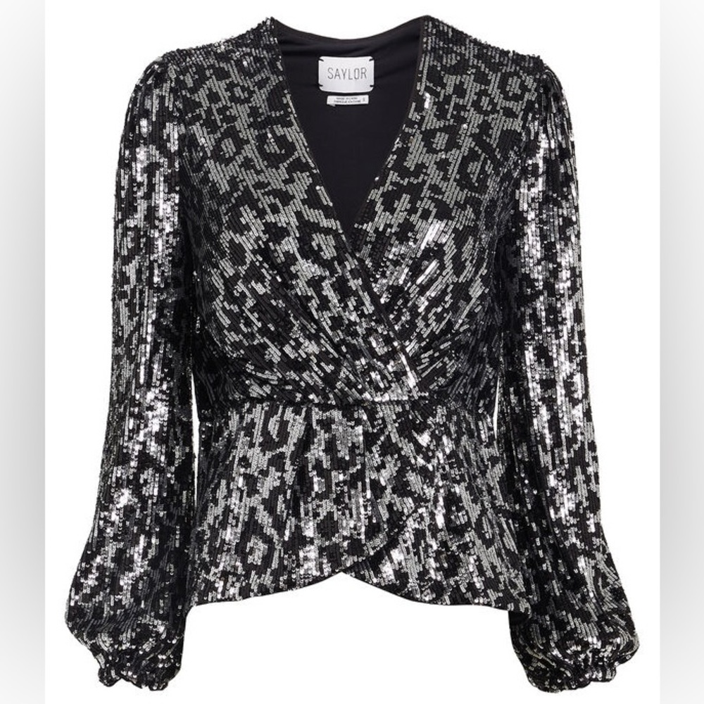 Saylor Indya Sequin Long Sleeve V Neck Top in Black Silver Leopard Print - Picture 5 of 8